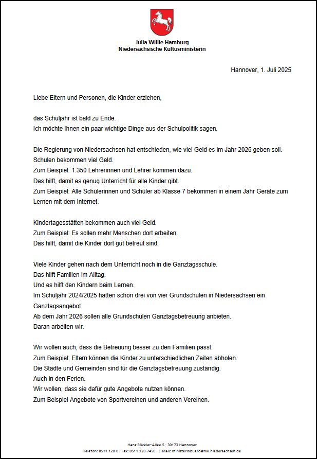 Elternbrief Ministerin
